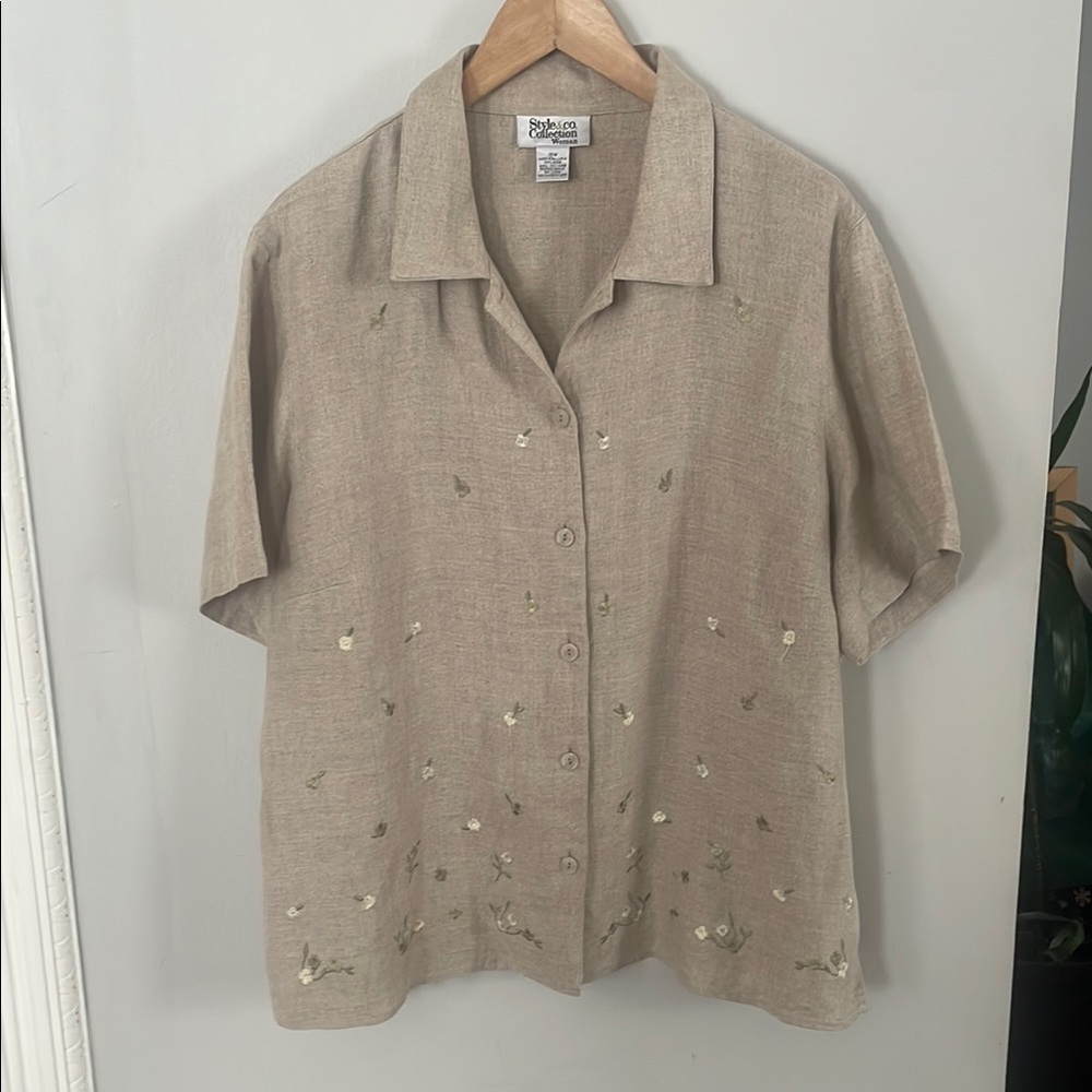 Style & Co Tan Embroidered Button Down Shirt Sz 18W
